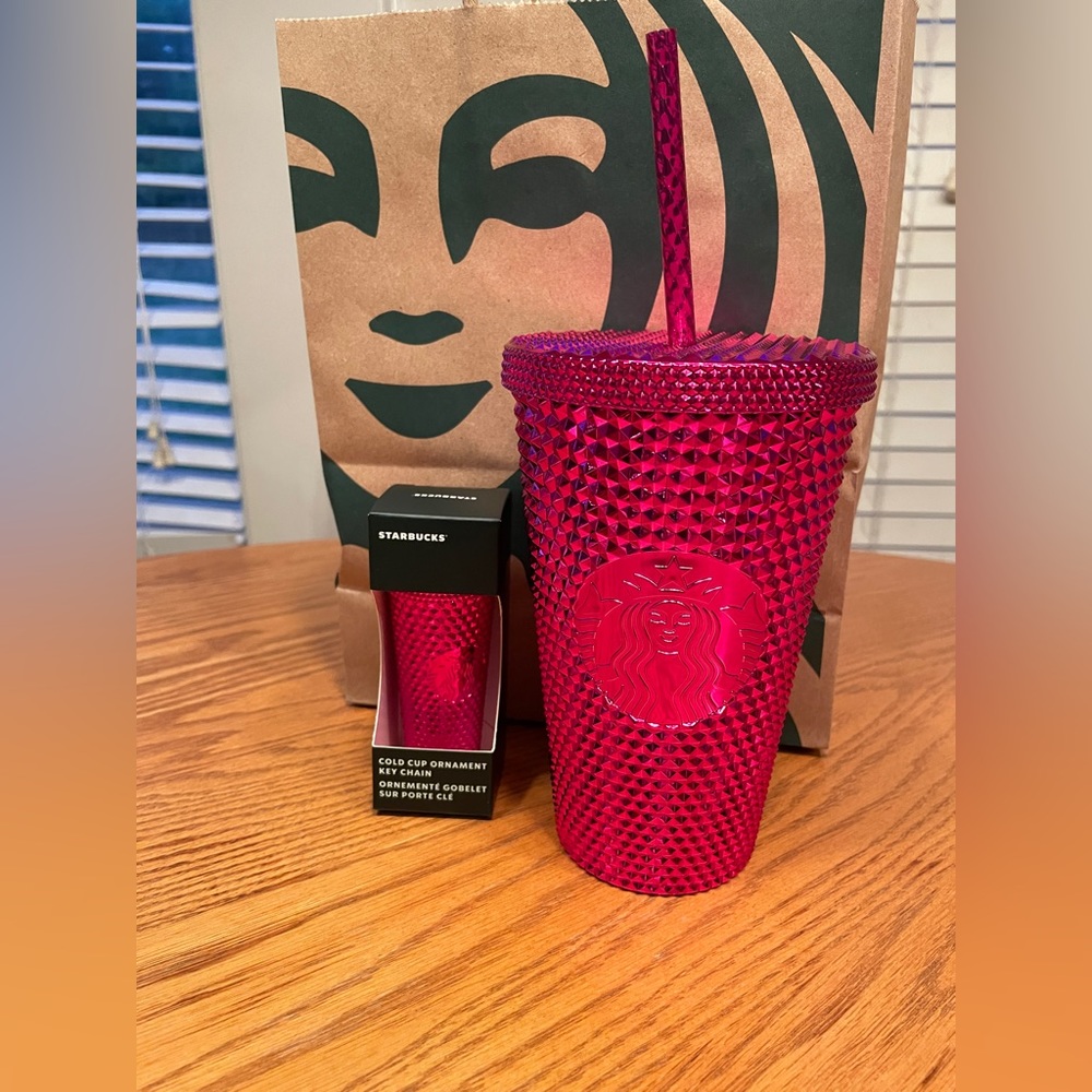 Starbucks Set Holiday Sangria Metallic Chrome Bling  Studded Tumbler & Keychain